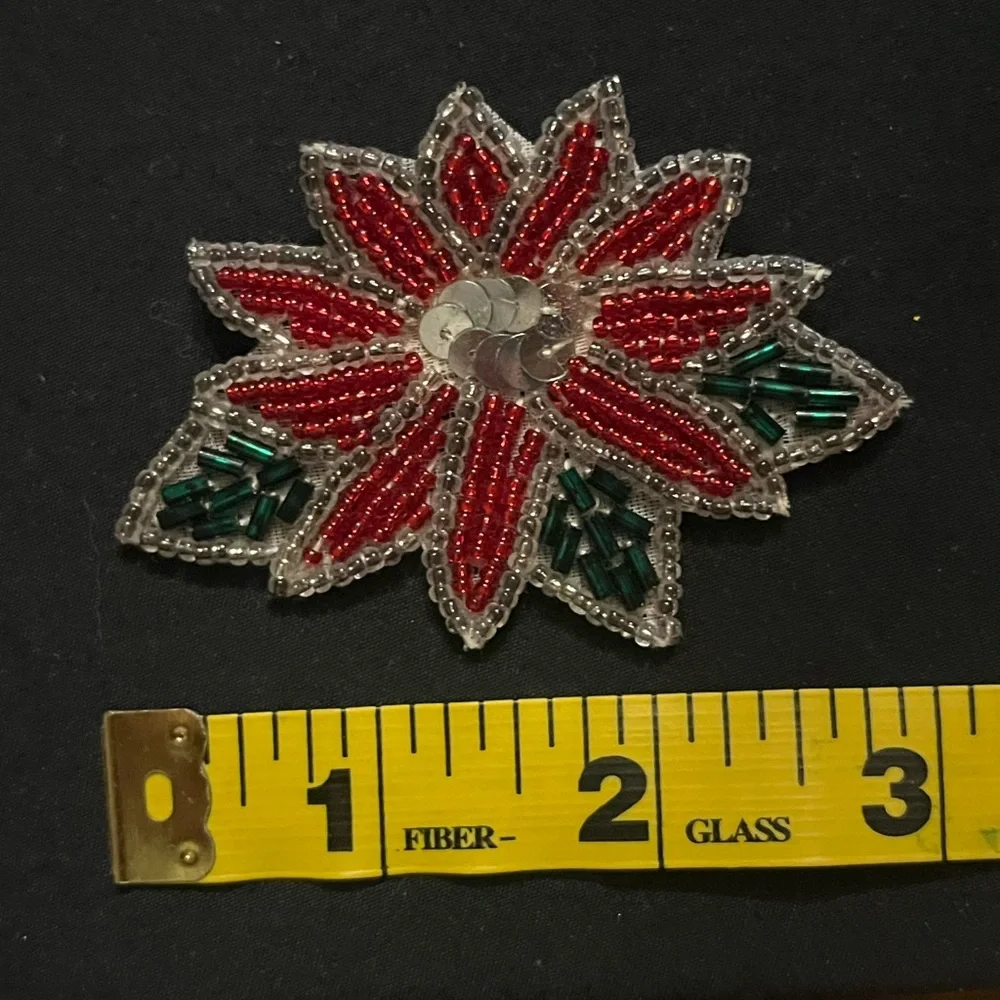 Handmade Christmas Poinsettia Brooch with Red and Green beads
